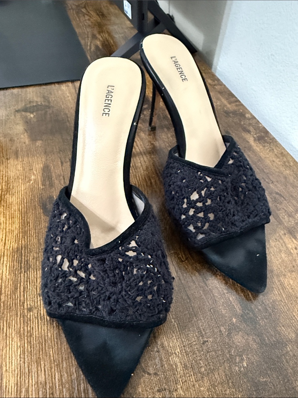 L'AGENCE Black Crochet Pointed-Toe Stiletto Mules